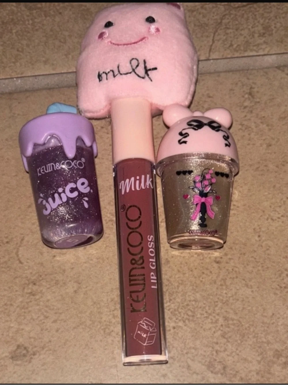 Kawaii Milk Lip Gloss Trio - Pink & Purple Glitter